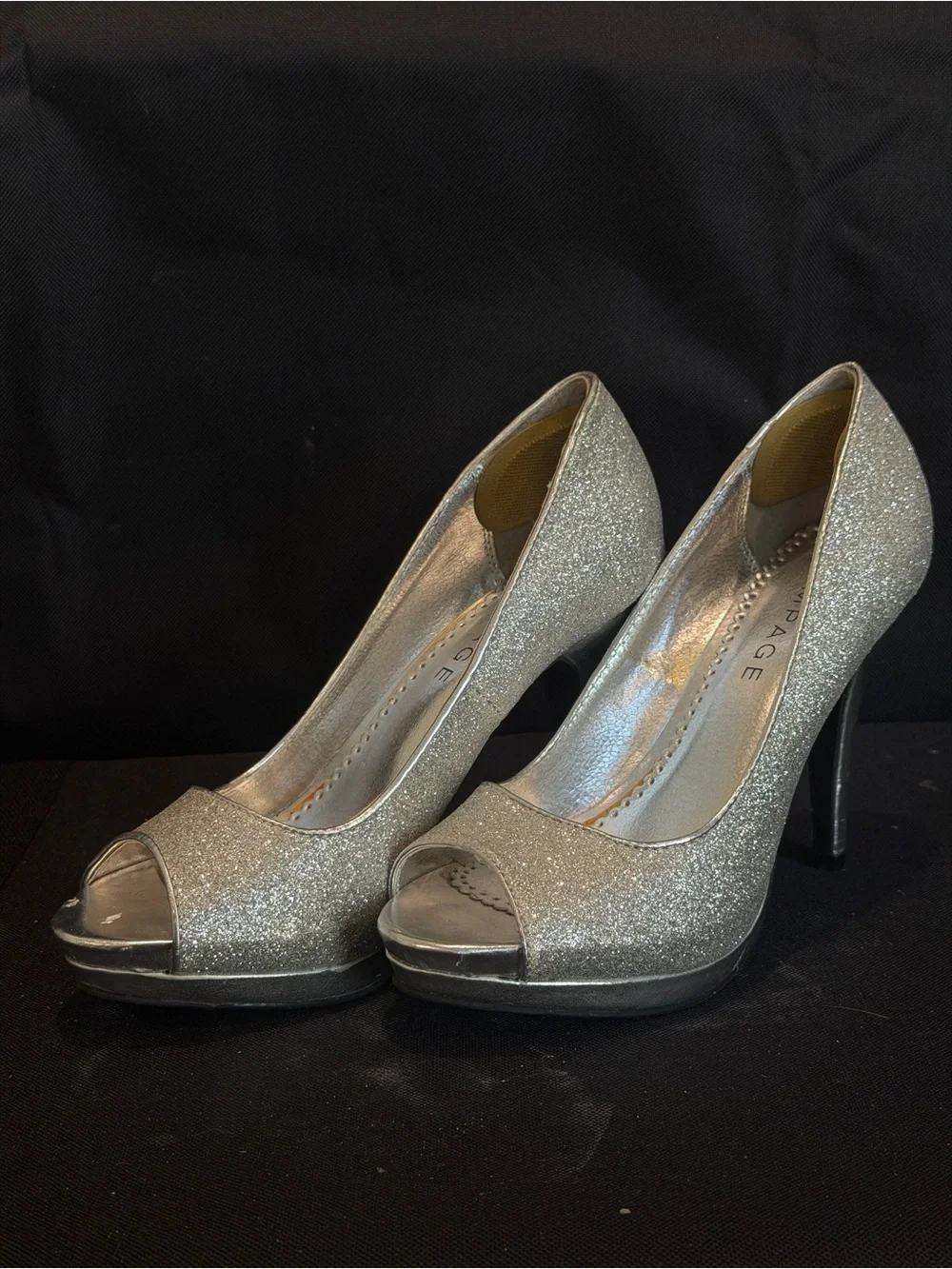 Rampage Silver Glitter Peep-Toe Stilettos